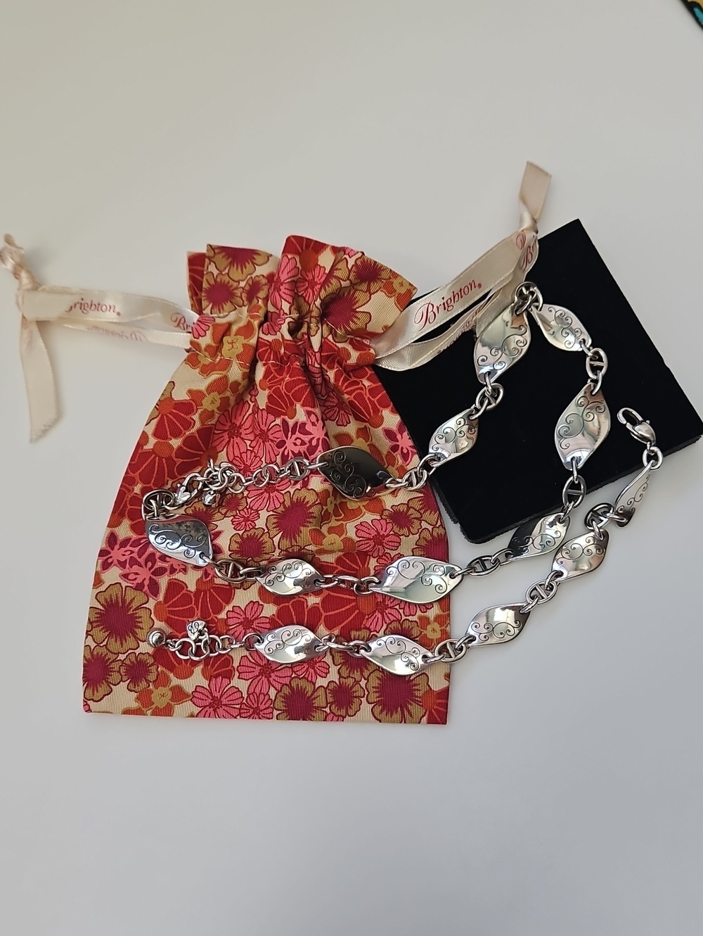 Brighton Silver Floral Engraved Leaf-Link Necklace & Bracelet Set - with Pouch